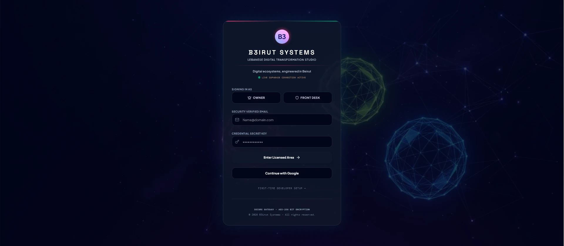 B3OS role-based secure login screen showing Owner and Front Desk access options
